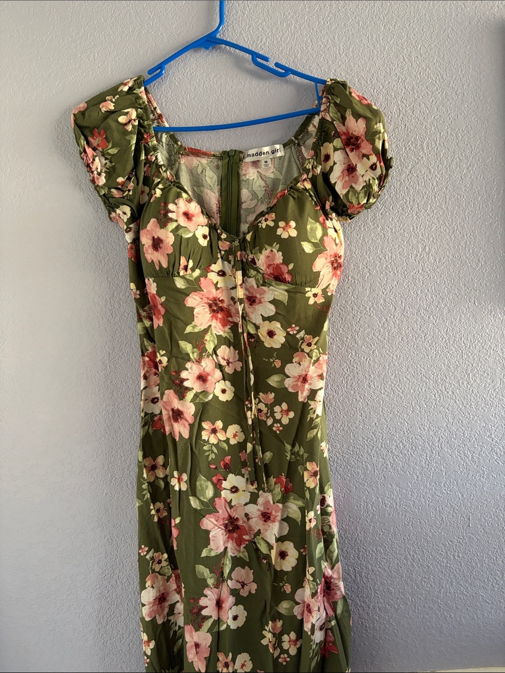 Madden Girl Olive Floral Puff-Sleeve Midi Dress